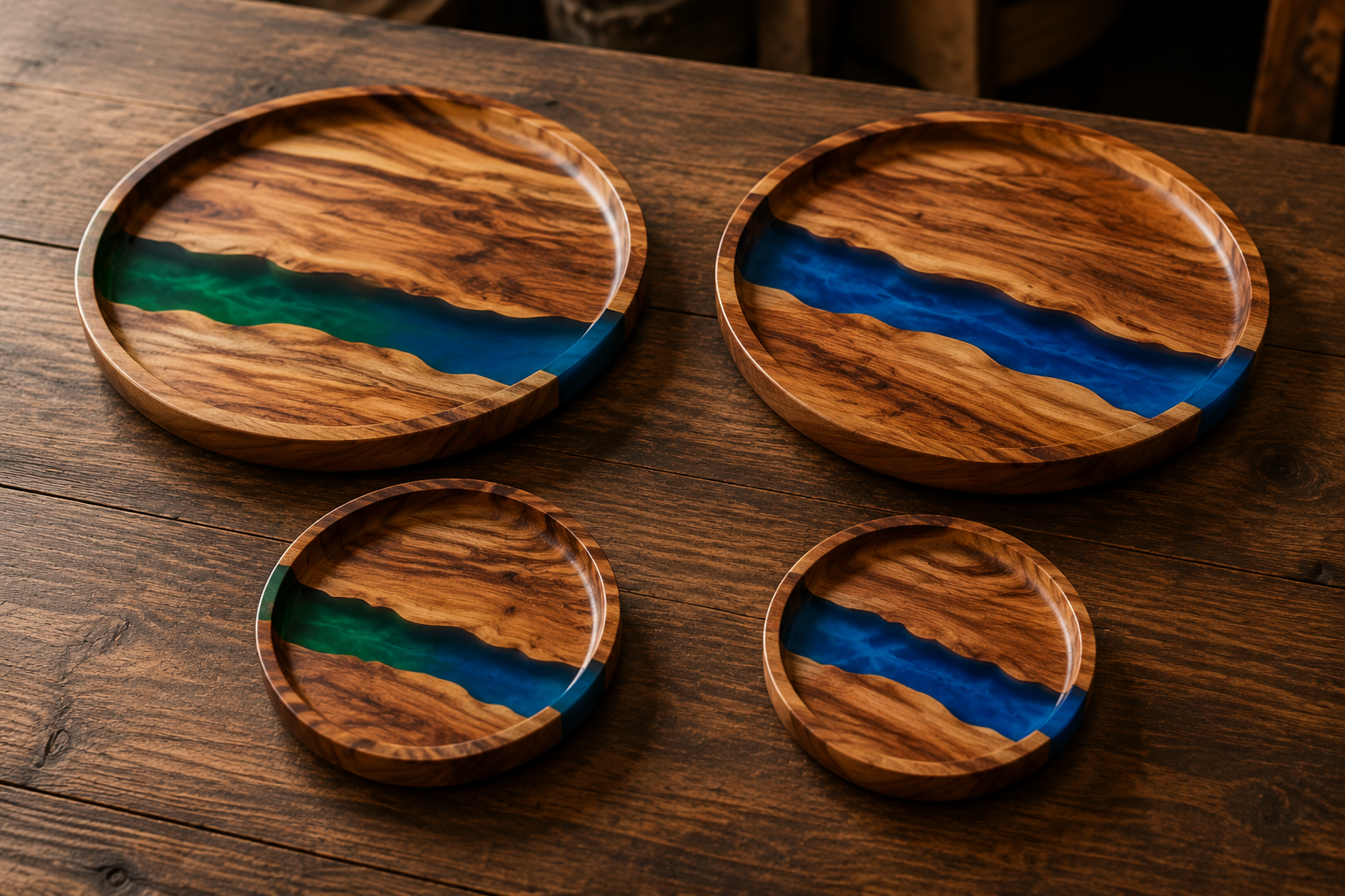 Four RiverCraft trays: Emerald Tide and Ocean River in Small and Large